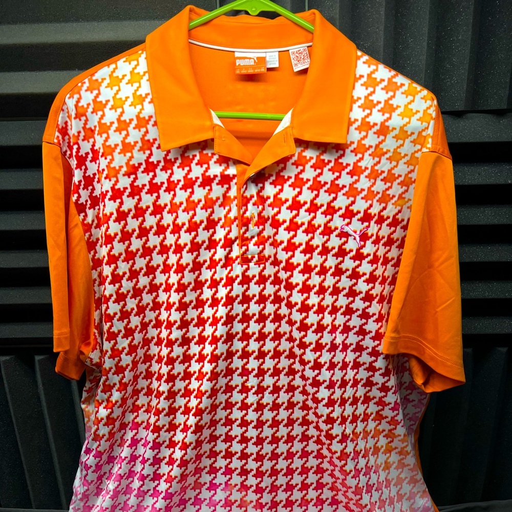 Puma Golf Polo Shirt XXL Dry Cell Rickie Fowler Orange / White Houndstooth